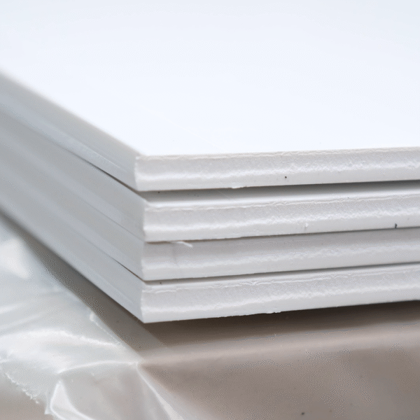 Beyaz plastik levhalar – ABS ve HIPS hammadde ile üretilmiş dayanıklı endüstriyel plastik plaka görseli.