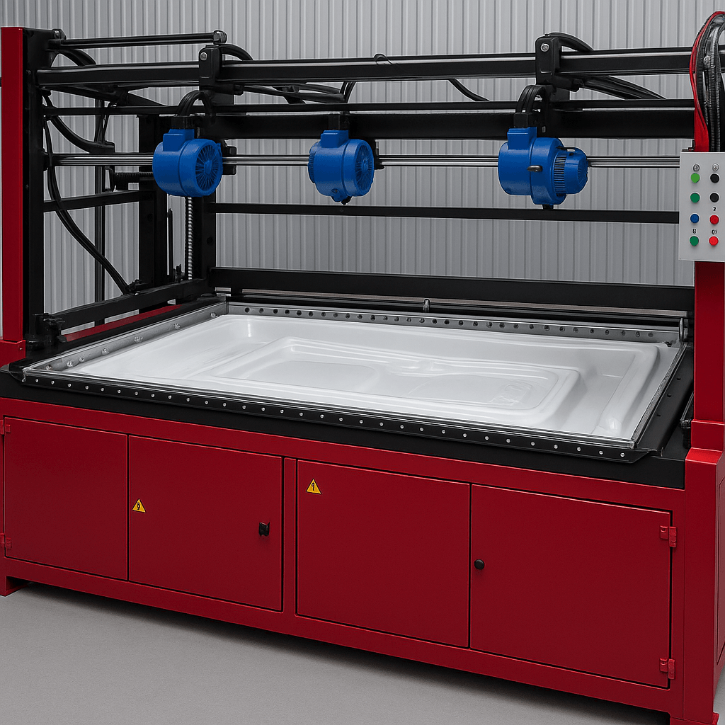 Kırmızı gövdeli Keyplas termoform makinesi üzerinde şekillenen beyaz ABS levha