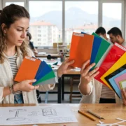Endüstriyel plastik levha renk örneklerini inceleyen bir tasarımcı.